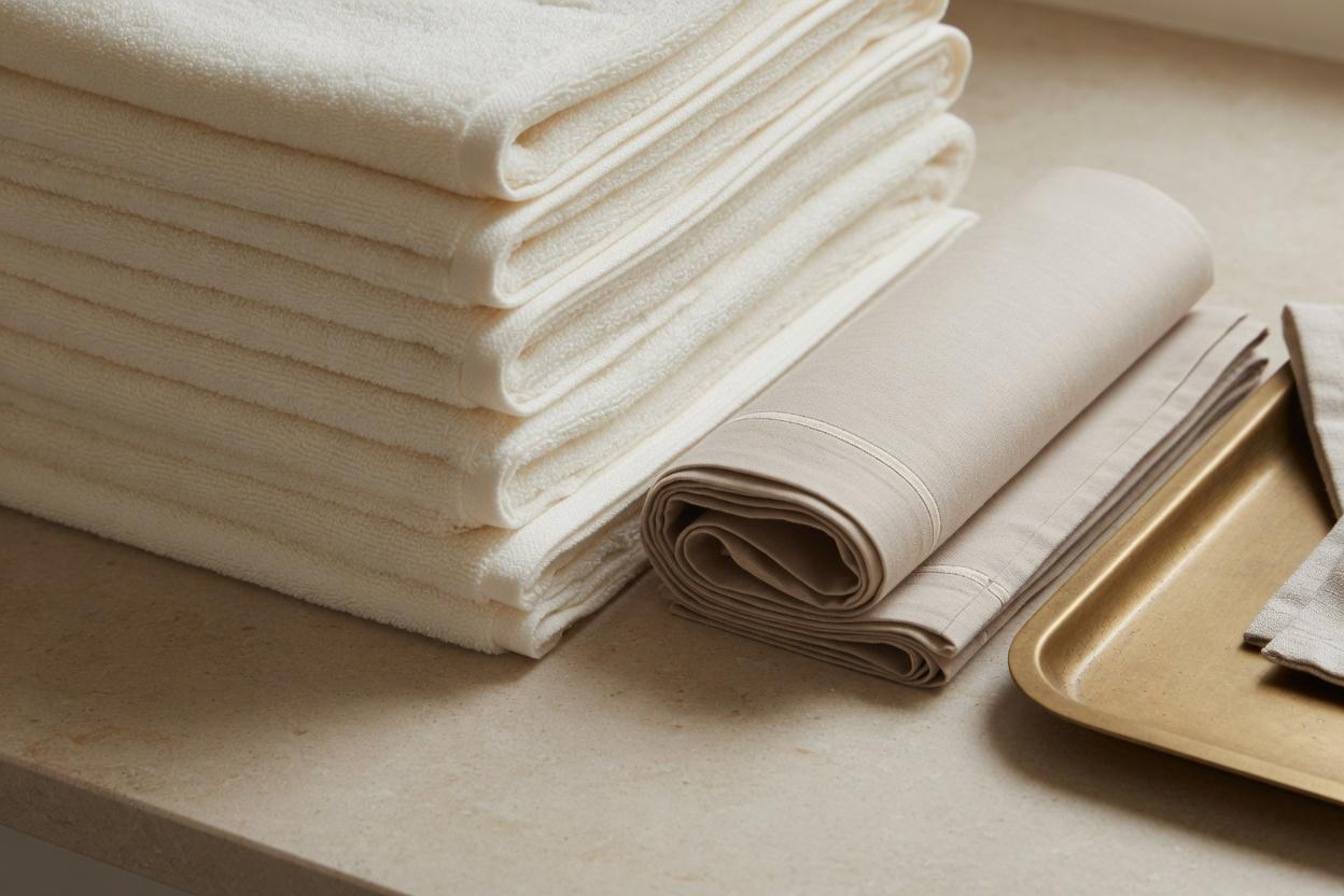 Folded towels and linen on a stone counter